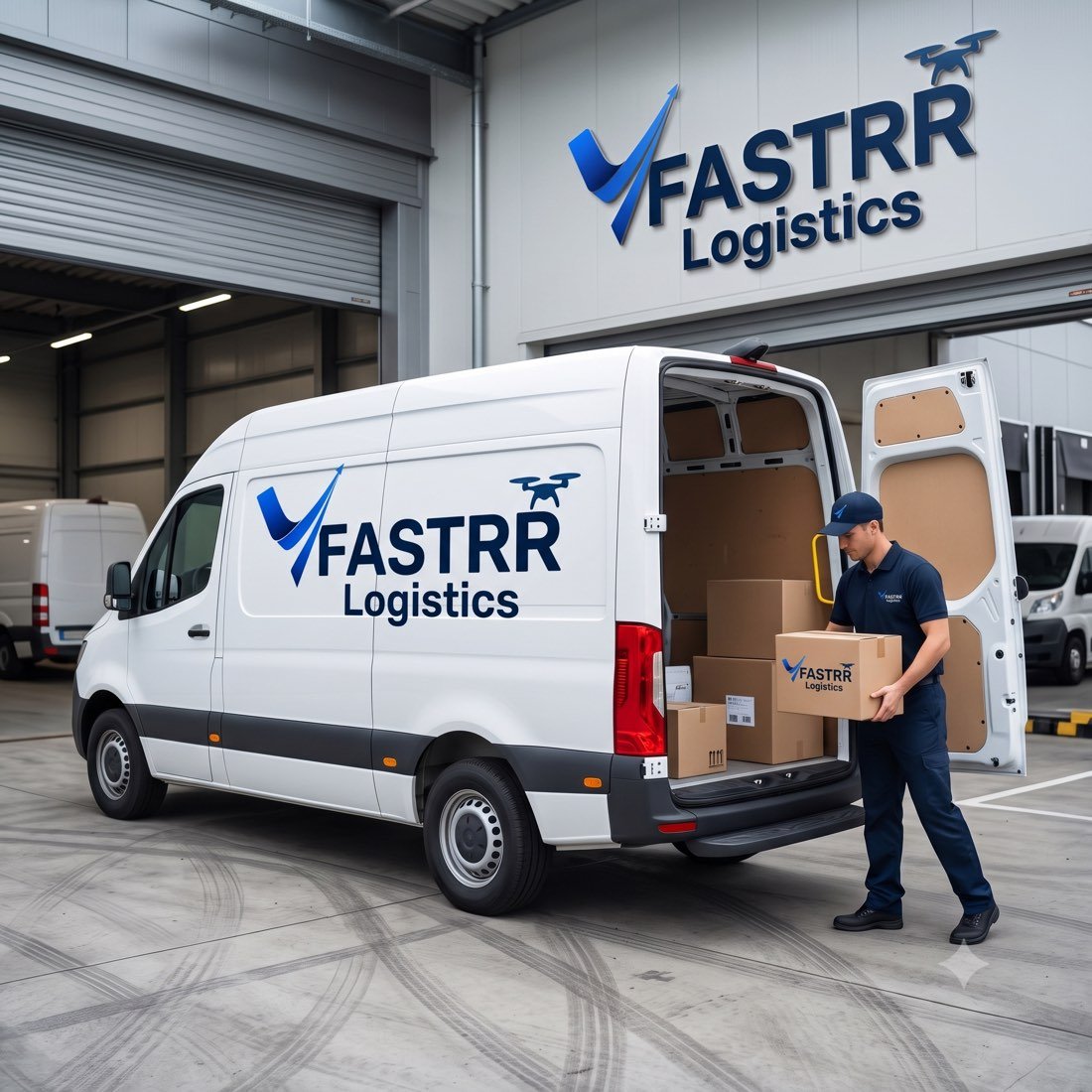 VFastrr Logistics delivery executive loading parcels into a VFastrr van at the warehouse